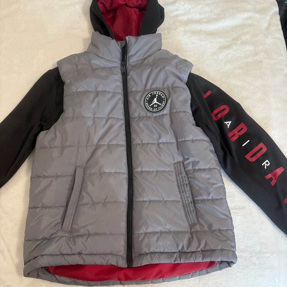 Air Jordan Gray and Black Puffer Vest with Red Accents Size M